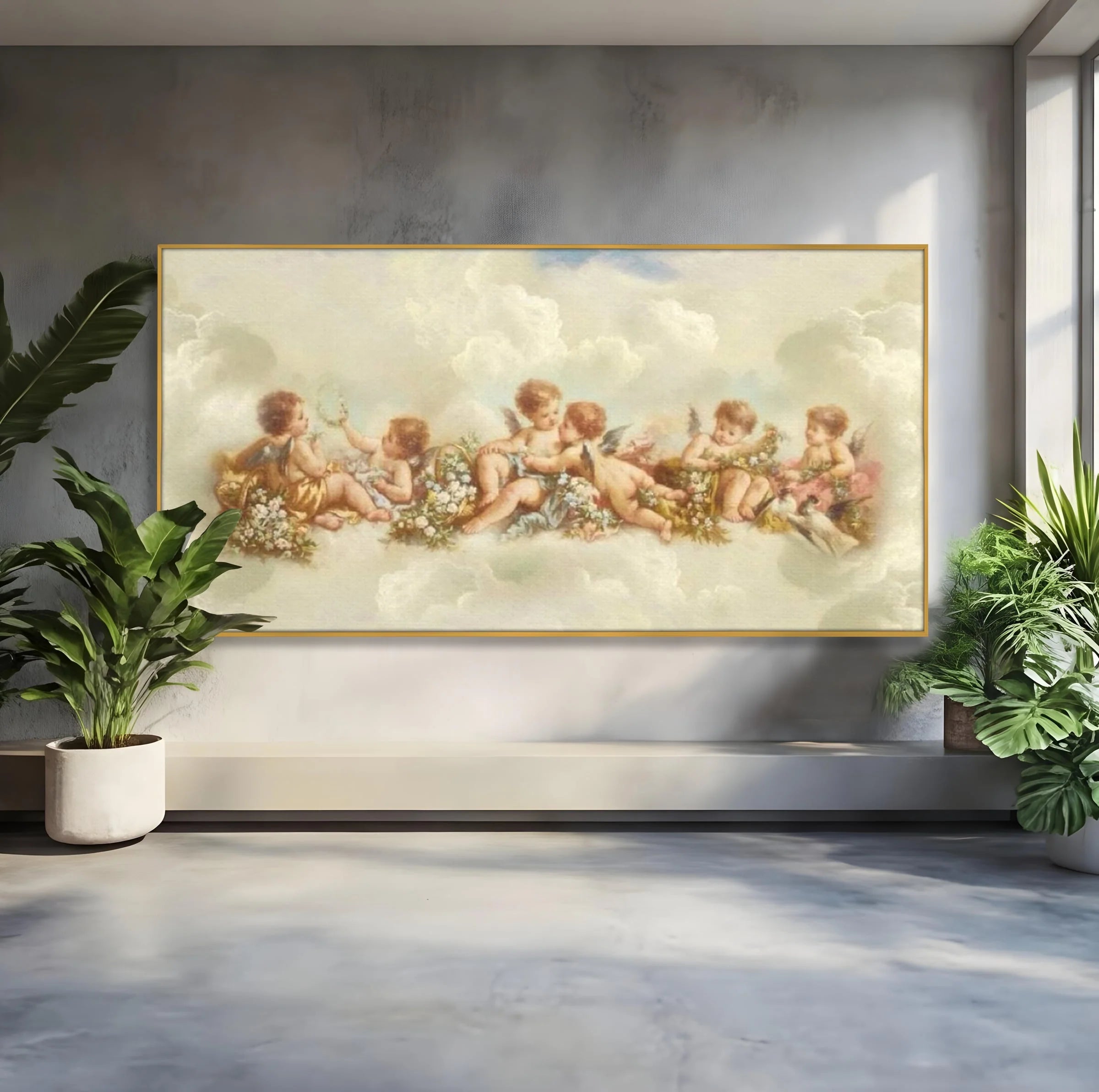 Tablou canvas cu pictura canvas cu ingerase pe nori, in rama de aluminiu auriu